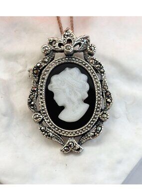 Black & White Cameo Marcasite Sterling Silver 925 Vintage Pendant Necklace - 24"